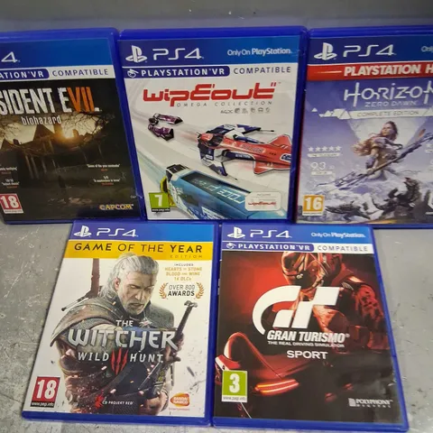 FIVE ASSORTED SONY PLAYSTATION FOUR GAMES TO INCLUDE; GRAN TURISMO, THE WITCHER WILD HUNT, HORIZON ZERO DAWN, WIPEOUT AND RESIDENT EVIL