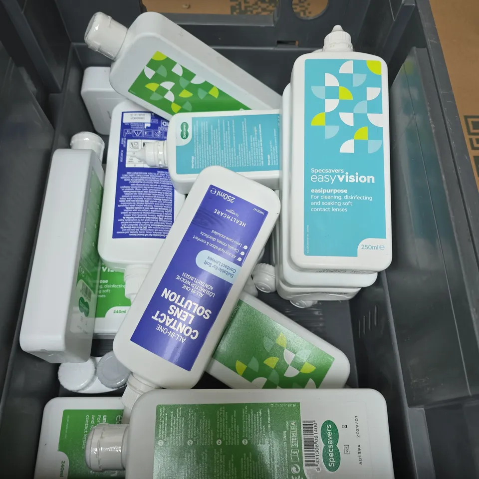 TOTE OF APPROXIMATELY 20 ASSORTED CONTACT LENS SOLUTIONS
