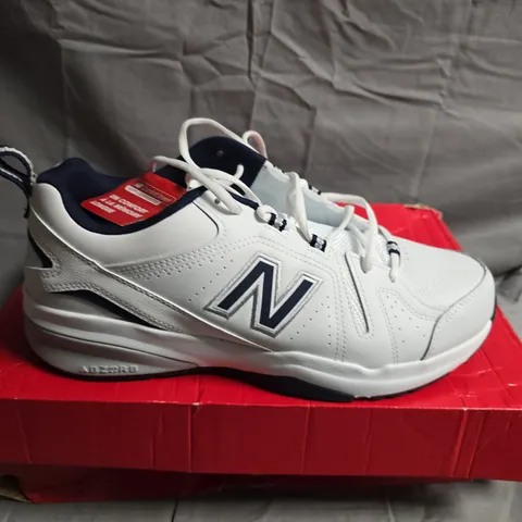BOXED PAIR OF NEW BALANCE 608 SNEAKERS – WHITE & NAVY -  UK SIZE 11
