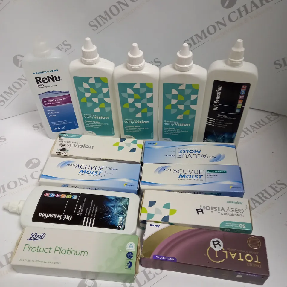 BOXED LOT TO CONTAIN APPROX. 25 X ASSORTED VISION CARE PRODUCTS. INCLUDES PACKS OF CONTACT LENSES & CONTACT LENSE CLEANING SOLUTION. BRANDS VARY