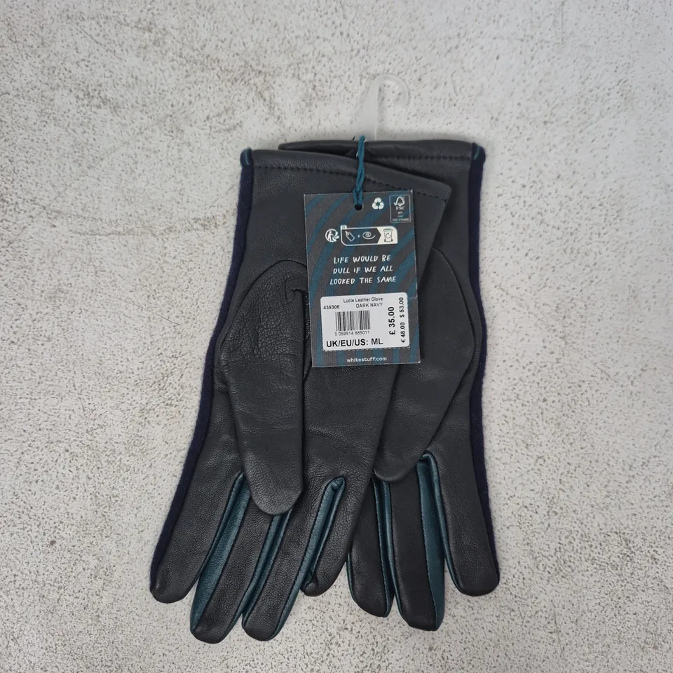 WHITE STUFF LUCIE LEATHER GLOVES IN DARK NAVY SIZE M/L