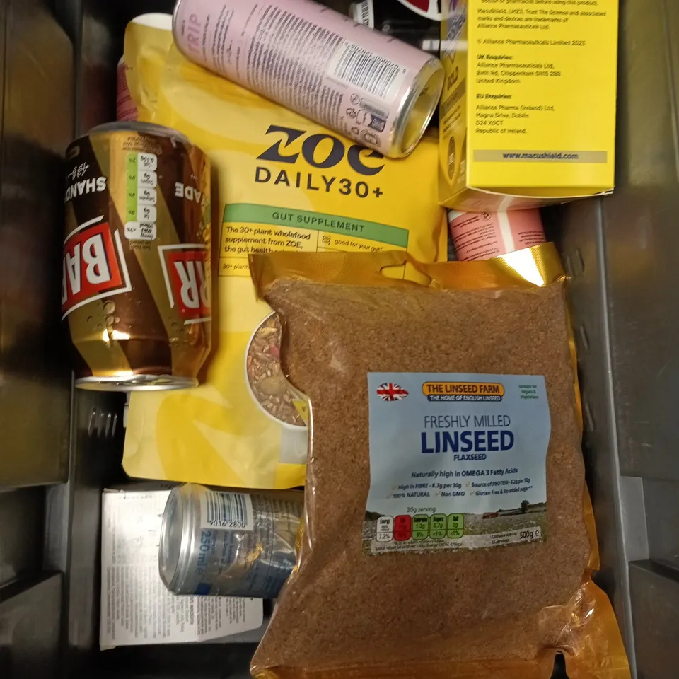 APPROXIMATELY 10 ASSORTED FOOD/DRINK PRODUCTS TO INCLUDE LINSEED, SHANDYADE, RED BULL ETC