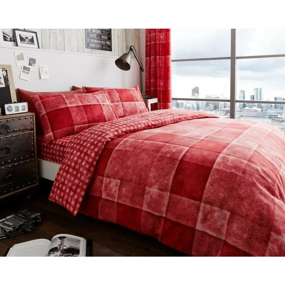 BAGGED DENIM CHECK 50 THREAD COUNT PERCALE DUVET COVER SET RED