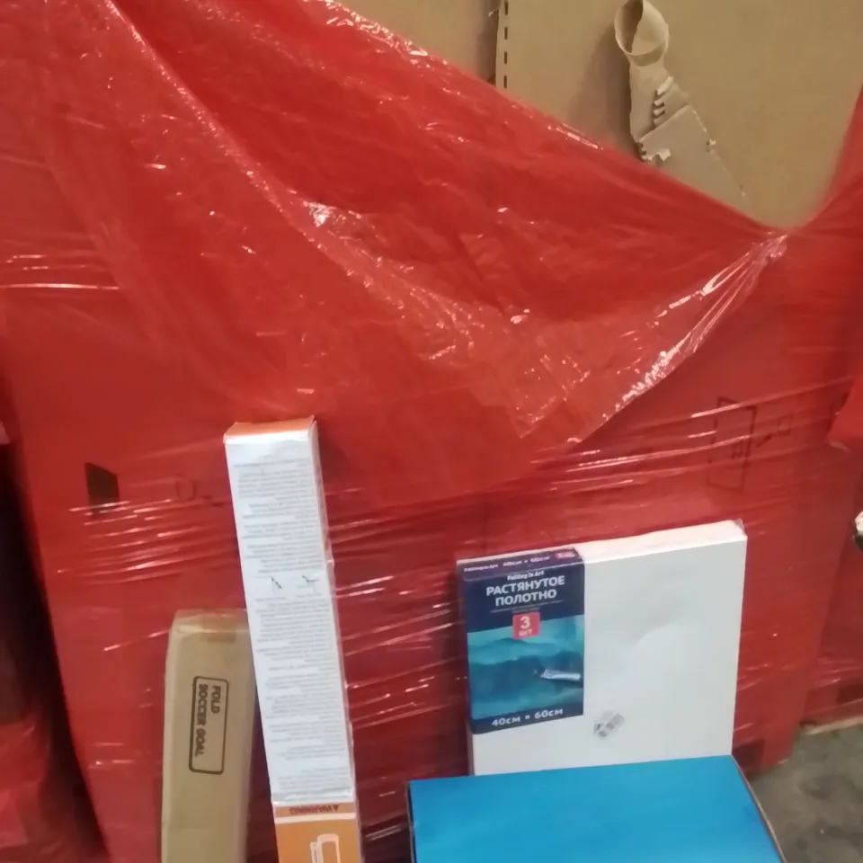 PALLET OF ASSORTED HOUSEHOLD GOODS AND PRODUCTS TO INCLUDE;WATER TABLE,CANVAS PRINTS,RETRACTABLE SAFETY GATE,FOLDER FOOTBALL NET