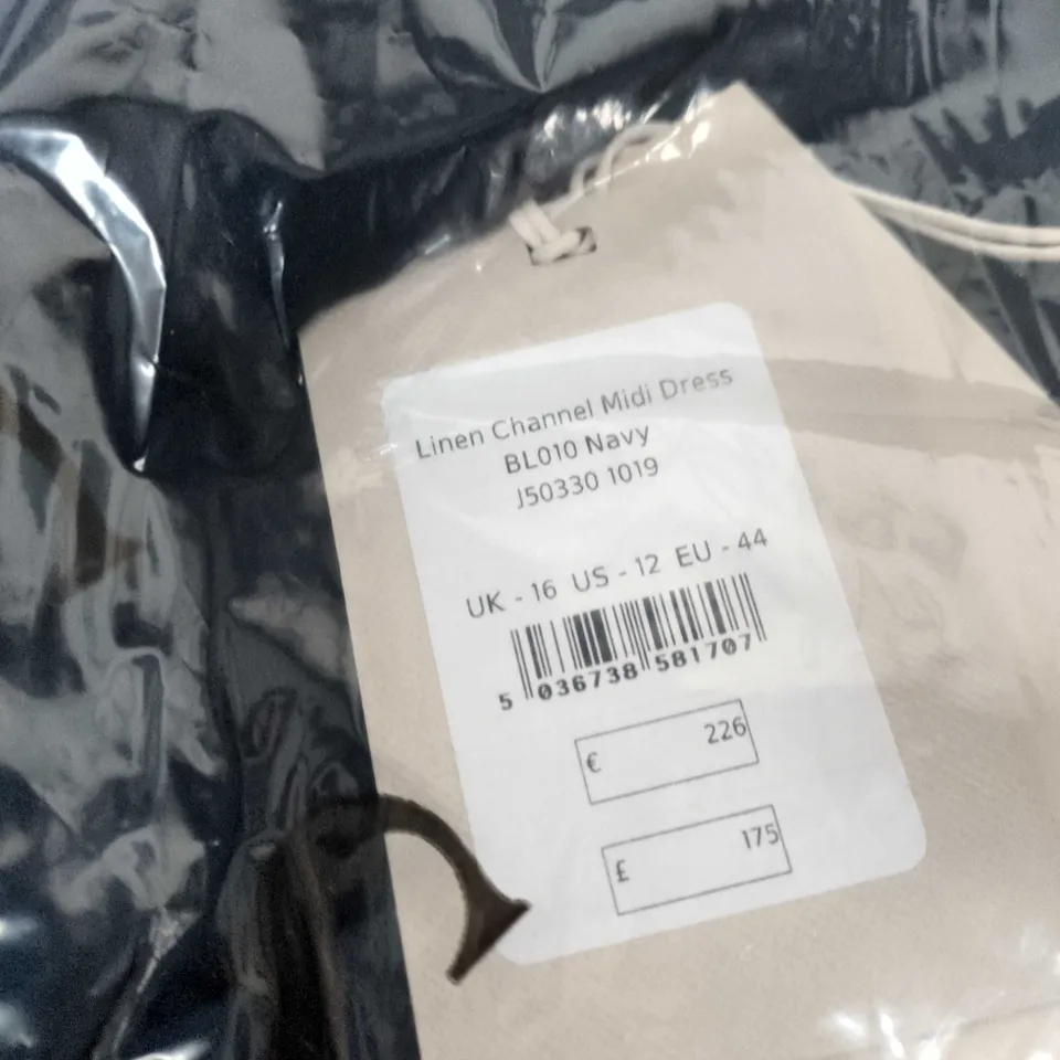BAGGED JIGSAW LINEN CHANNEL MIDI DRESS – NAVY, UK 16 (US 12, EU 44)