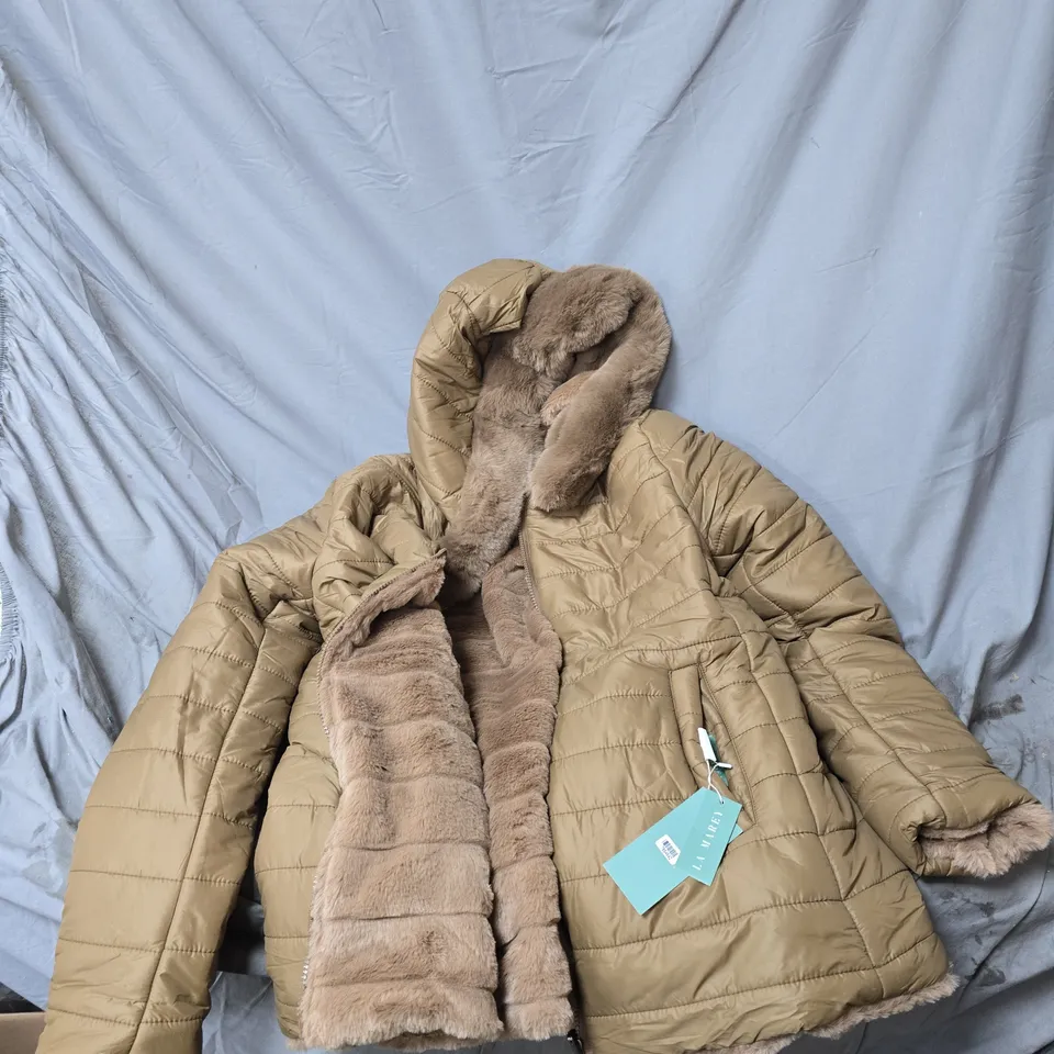 BOX OF APPROXIMATELY 10 CLOTHING ITEMS TO INCLUDE BROWN LA MAREY HOODED JACKET ETC
