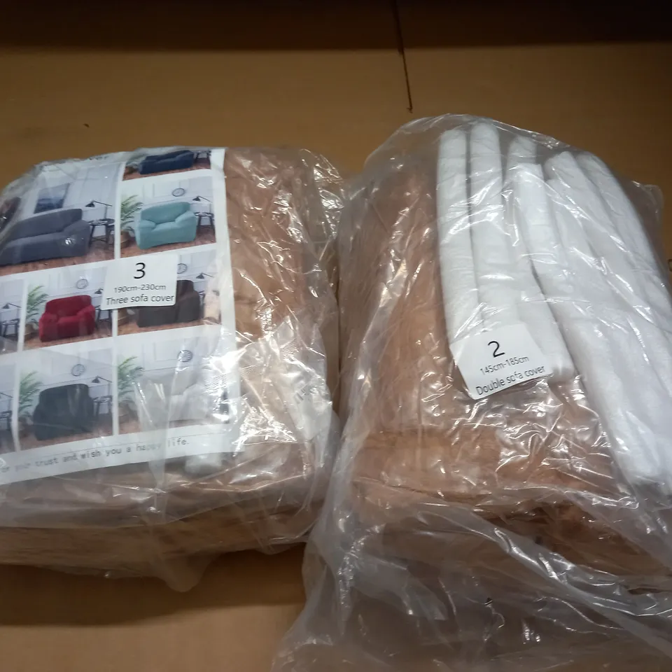 LOT OF 2 ELASTIC SOFA COVERS INCLUDES THREE AND TWO SEATER COVER - LIGHT BROWN