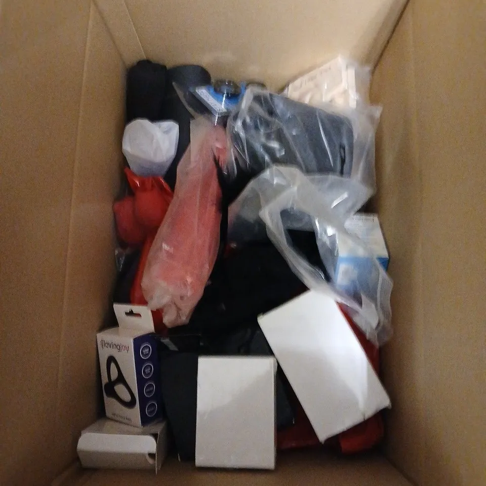 BOX OF APPROXIMATELY 30 ASSORTED SEX TOYS AND ACCESSORIES INCLUDING TRIPLE COCK RING , HEAD MASTER VIBRATING EGG AND STAY HARD BEADED COCKRINGS 