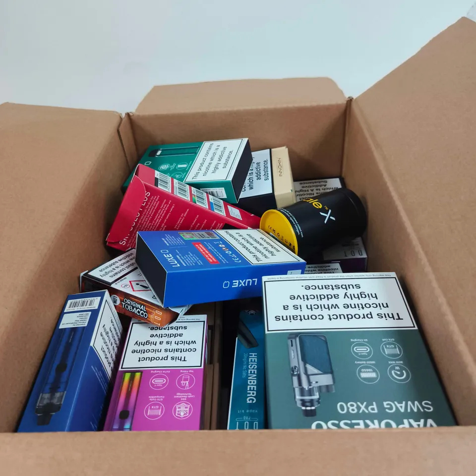 BOX OF APPROXIMATELY 30 ASSORTED E-CIGARETTES AND COMPONENTS TO INCLUDE VAPORESSO, SENSIS, RAFALE X ETC