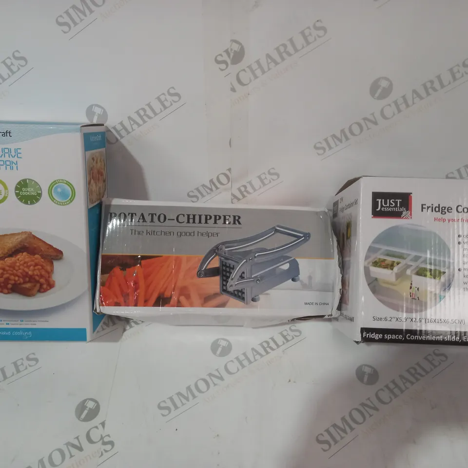BOX OF APPROXIMATELY 20 ASSORTED HOUSEHOLD ITEMS TO INCLUDE FRIDGE CONTAINER SET, POTATO CHIPPER, MICROWAVE SAUCEPAN, ETC