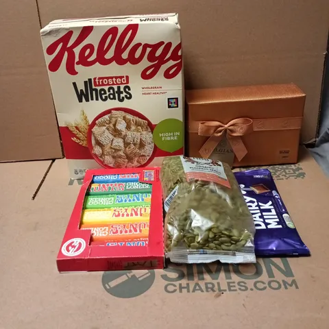 TOTE OF APPROXIMATELY 15 ASSORTED FOOD/DRINK ITEMS TO INCLUDE KELLOGGS FROSTED WHEATS, M & S BELGIAN CHOCOLATES, DAIRY MILK, ORGANIC PUMPKIN SEEDS, TONYS CHOCOLONELY MIX SET ETC