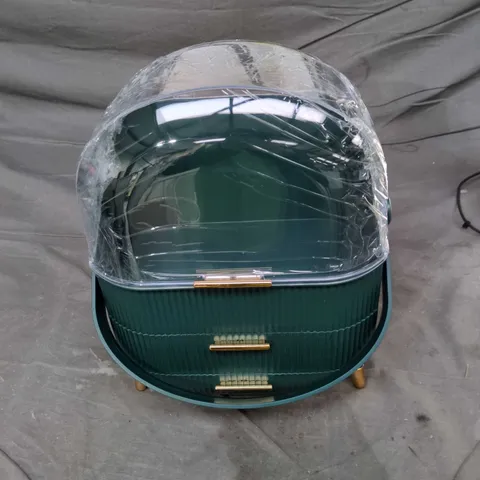 GREEN CIRCULAR STORAGE CABINET WITH THREE DRAWERS AND CURVED LID