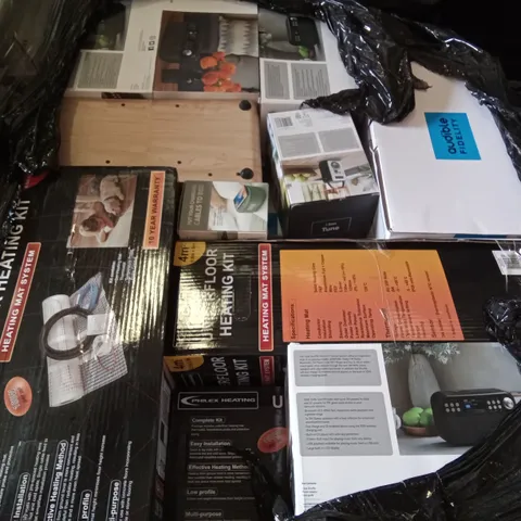 PALLET OF ASSORTED ELECTRONICS INCLUDING UNDERFLOOR HEATING KIT, IBOX SHUFFLE MINI HI-FI SOUND SYSTEM, I-BOX DAWN BEDSIDE ALARM CLOCK WITH WIRELESS CHARGING, AUDIBLE FIDELITY COMPACT STERO SYSTEM