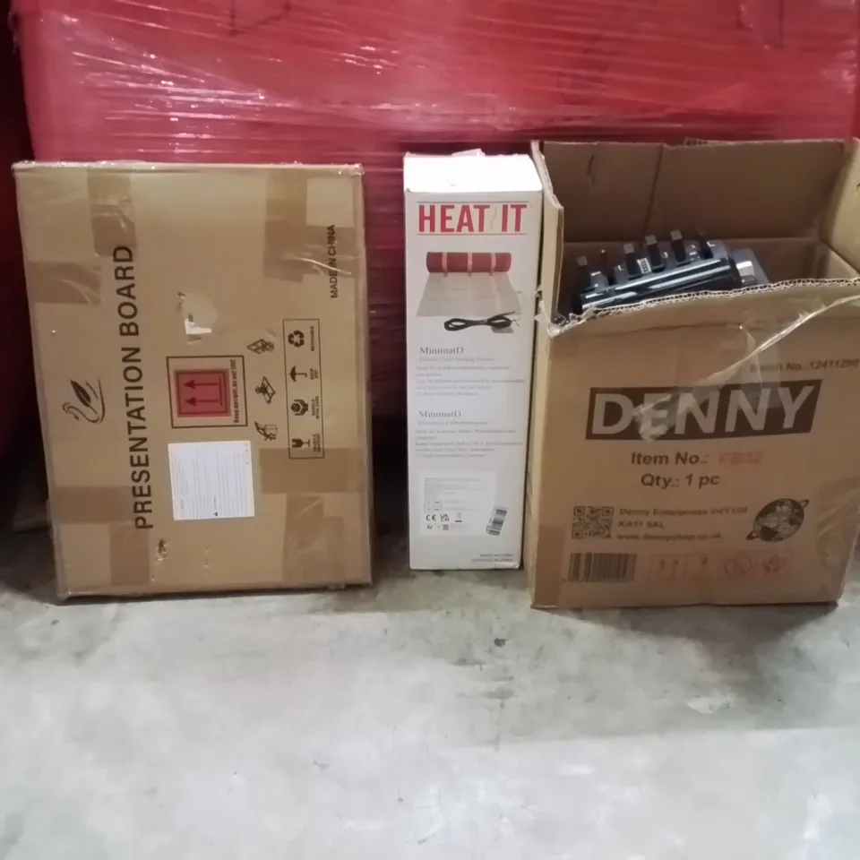 PALLET OF ASSORTED HOUSEHOLD GOODS AND PRODUCTS TO INCLUDE;PILOT GAMES MACHINE,ELECTRIC FLOOR HEATING SYSTEM,PRESENTATION BOARD