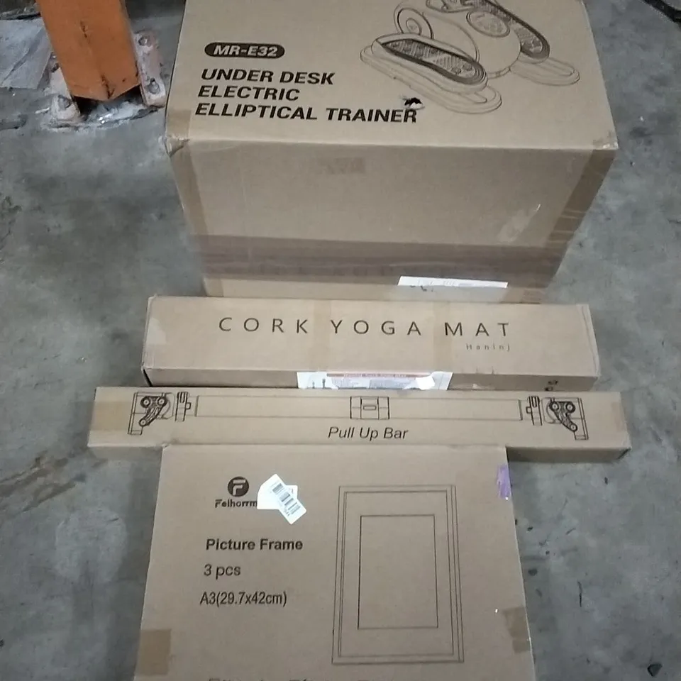 PALLET OF HOUSEHOLD ITEMS TO INCLUDE PICTURE FRAMES, PULL UP BAR,CORK YOGA MAT,UNDER DESK ELECTRIC ELLIPTICAL  TRAINER AND OTHER ASSORTED ITEMS...