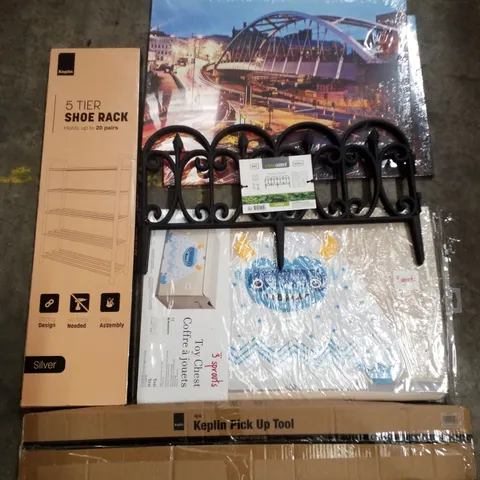 PALLET CONTAINING ASSORTED PRODUCTS INCLUDING 5-TIER SHOE RACK, WRAPPED CANVAS PRINTS, PICK UP TOOL, TOY CHEST & GARDEN BORDER FENCE 