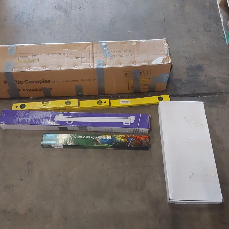 PALLET OF ASSORTED ITEMS INCLUDING: POP-UP CANOPY, RETRACTABLE SAFETY GATE, KITCHEN TAPS, AQUARIUM LIGHT, SPIRIT LEVEL ECT