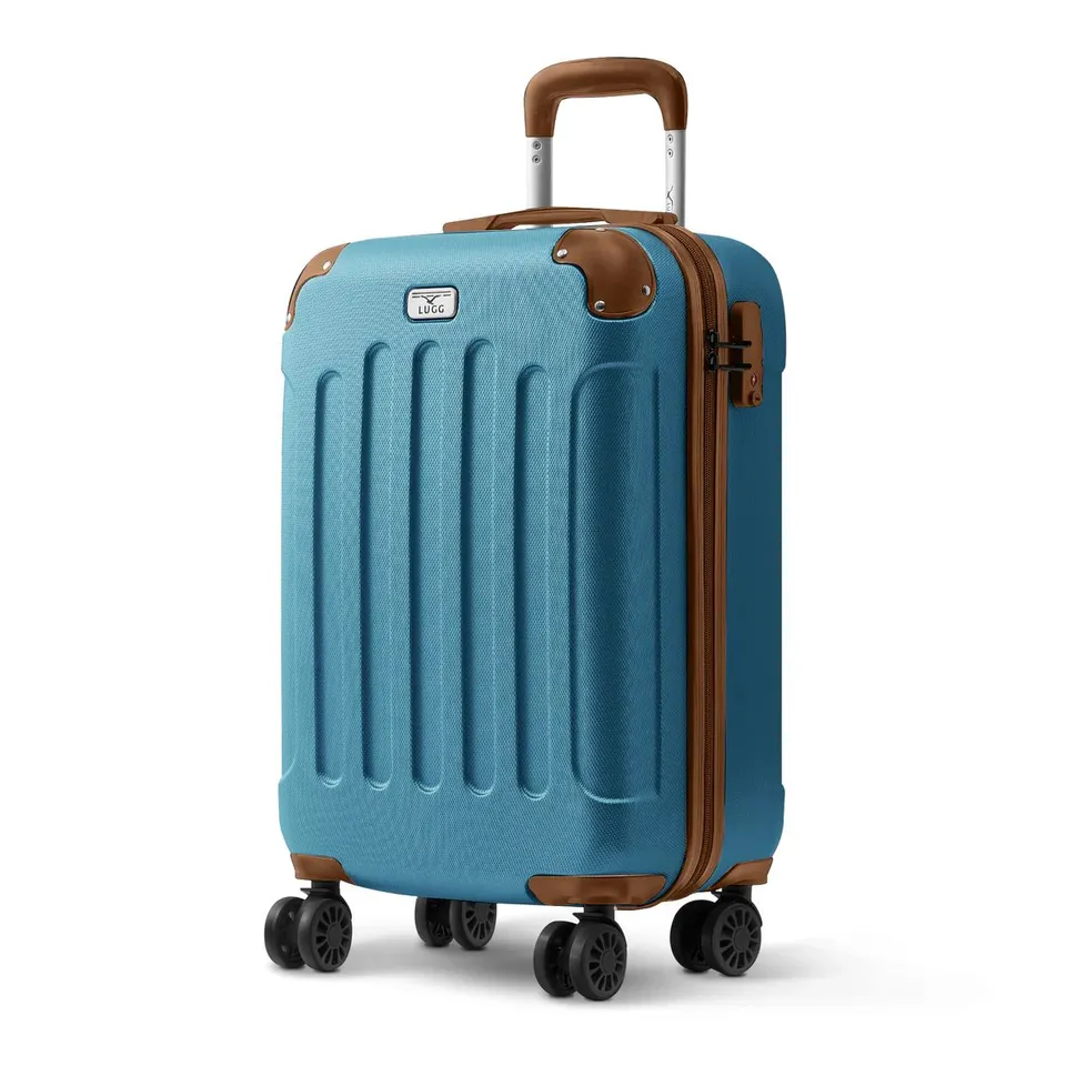 BOXED 20-INCH SKYWANDER TRAVEL SUITCASE - BLUE/BROWN (1 BOX)