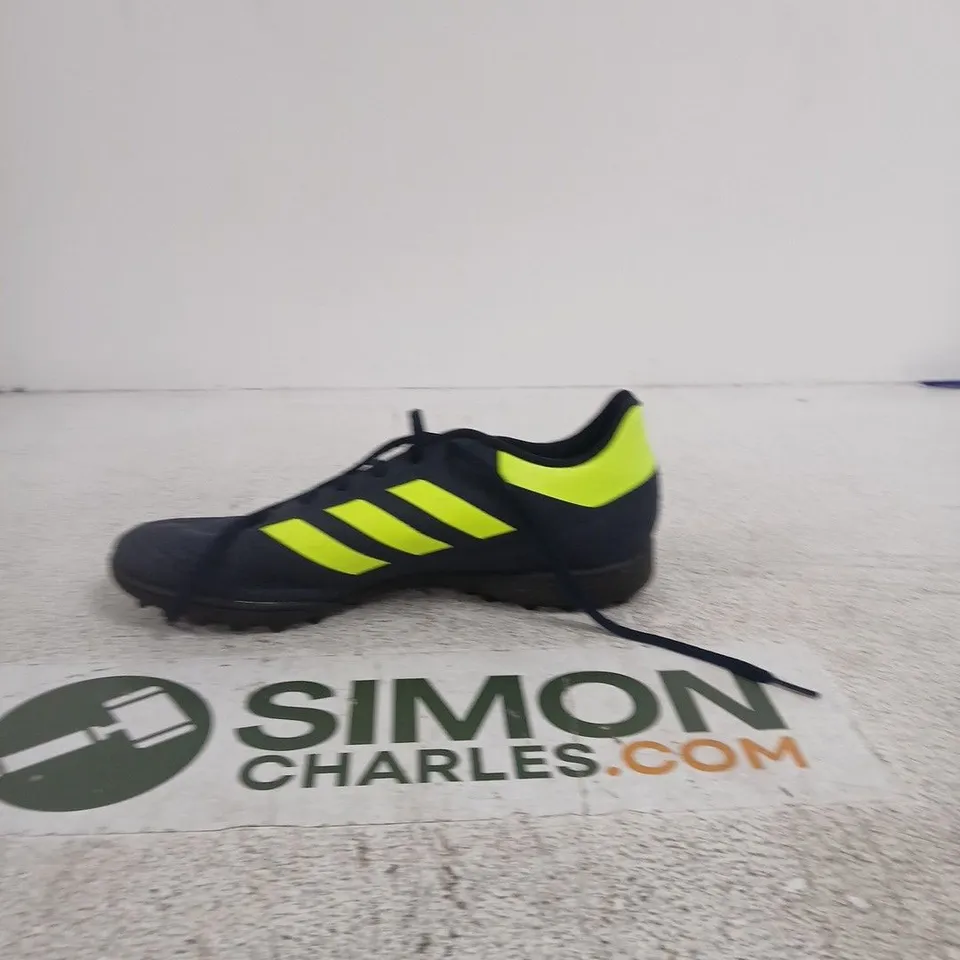 ADIDAS FOOTBALL BOOTS NAVY WITH NEON YELLOW STRIPES, UK 8 (US 8.5)