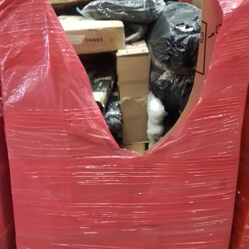PALLET CONTAINING VARIOUS ASSORTED BOXED HOUSEHOLD ITEMS TO INCLUDE: CARRY CASES, KIDS TRAMPOLINE, AREA RUG, TRIPOD SPRINKLER AND LOTS MORE UNMARKED BOXED ITEMS