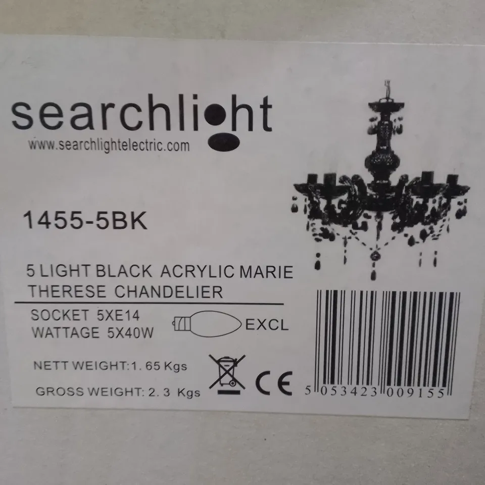 BOXED SEARCHLIGHT 5 LIGHT BLACK ACRYLIC MARIE THERESE CHANDELIER