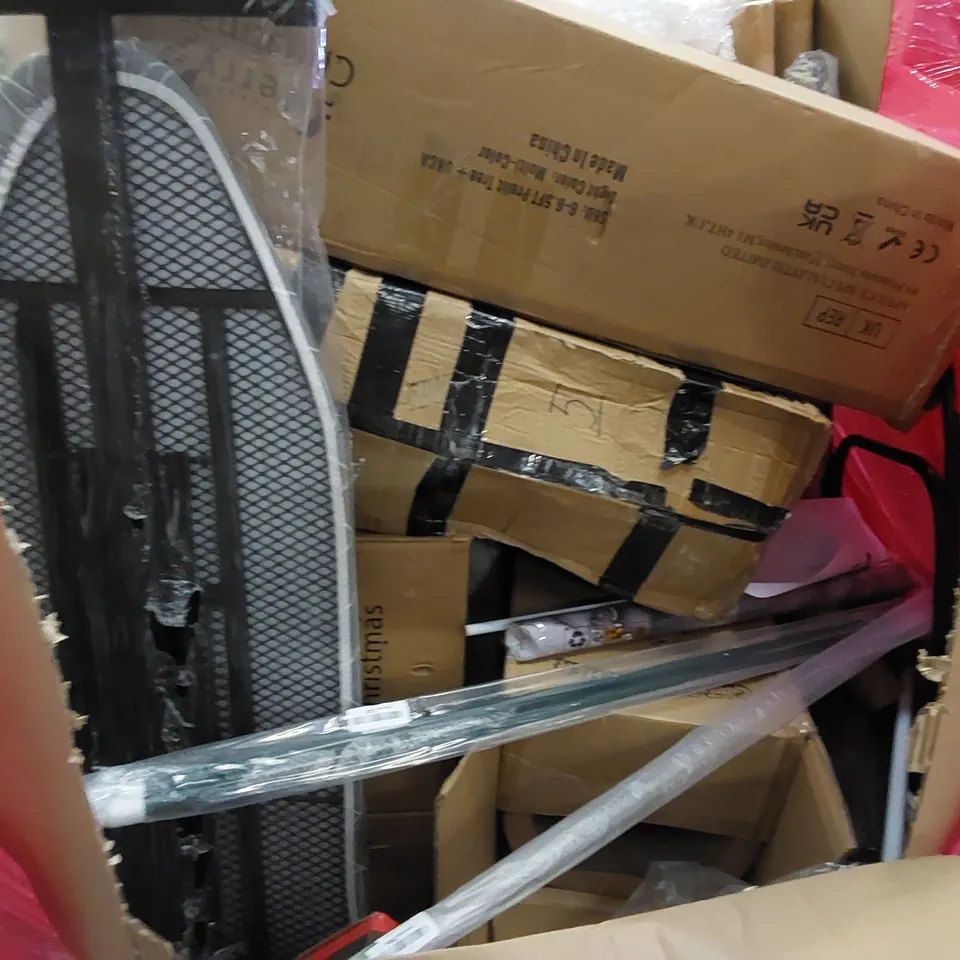 PALLET OF ASSORTED HOUSEHOLD ITEMS AND CONSUMER PRODUCTS. INCLUDES CAT SCRATCHER, IRONING BOARD, CHRISTMAS TREES ETC 