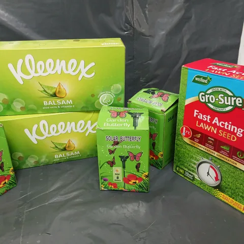 APPROXIMATELY 6 ASSORTED HOUSEHOLD ITEMS TO INCLUDE KLEENEX TISSUES, FAST ACTING LAWN SEED, SOLAR BUTTERFLY LIGHT, ETC