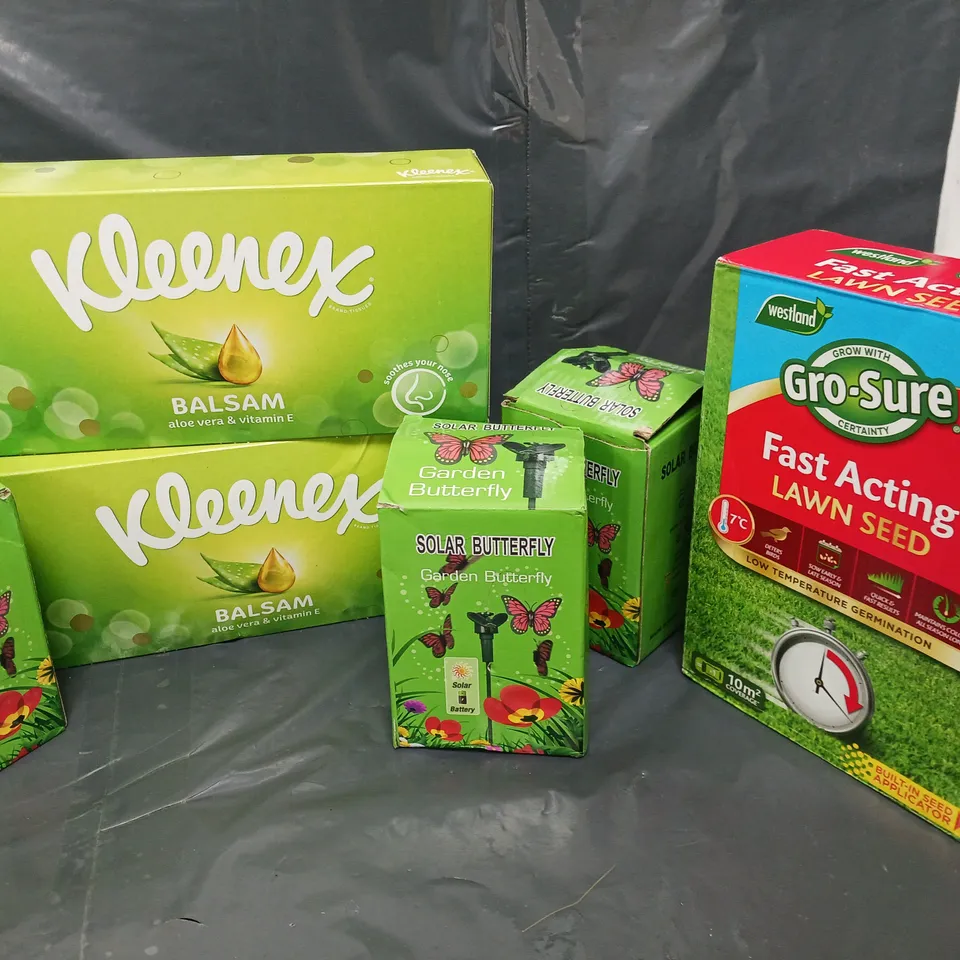 APPROXIMATELY 6 ASSORTED HOUSEHOLD ITEMS TO INCLUDE KLEENEX TISSUES, FAST ACTING LAWN SEED, SOLAR BUTTERFLY LIGHT, ETC