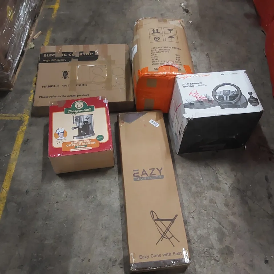 PALLET OF ASSORTED ITEMS TO INCLUDE:  GAMING RACING WHEEL, MATTRESS TOPPER, ELECTRIC COOKTOP, ESPRESSO COFFEE MAKER, EASY CANE WITH SEAT ECT