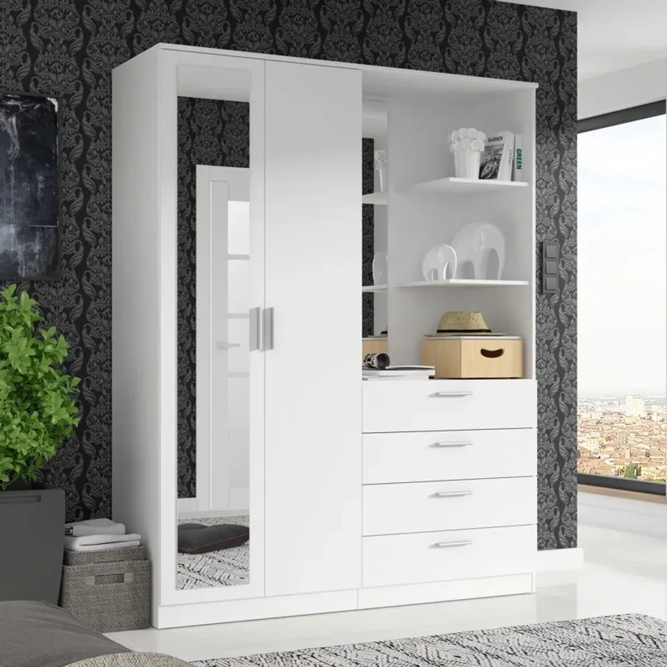 BOXED WHITE WARDROBE WITH SHELVES AND CLOTHES RAIL 159CM W X 203CM H (5 BOXES)
