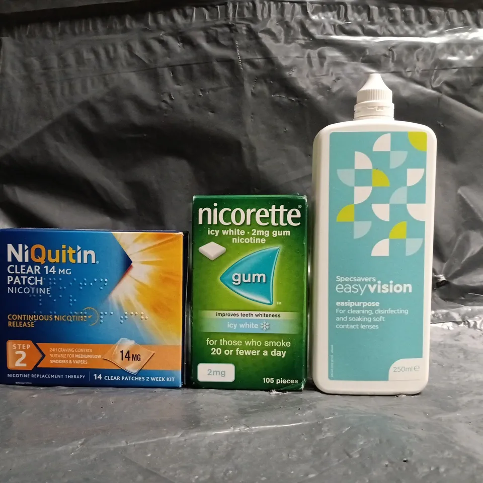 APPROXIMATELY 20 ASSORTED ITEMS TO INCLUDE EASYVISION CONTACT LENSE CLEANER, NICORETTE GUM, ETC