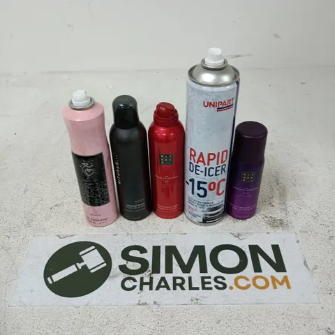 APPROXIMATELY 12 ASSORTED AEROSOLS TO INCLUDE RAPID DE-ICER, RITUALS SHOWER FOAM, NUSUK AIR FRESHENER, ETC