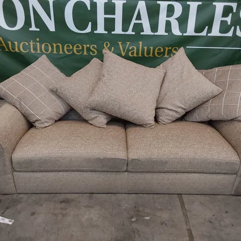 DESIGNER THREE SEATER SOFA BEIGE FABRIC WITH SCATTER CUSHIONS