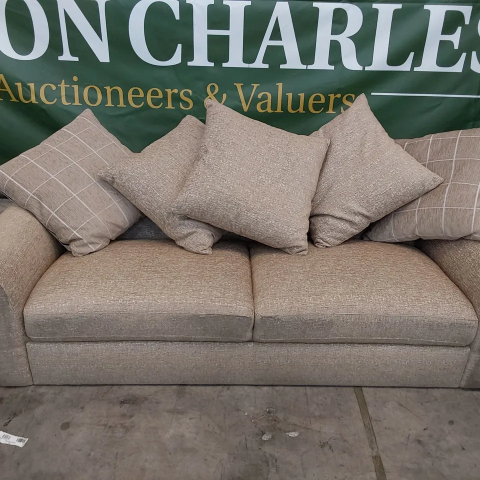 DESIGNER THREE SEATER SOFA BEIGE FABRIC WITH SCATTER CUSHIONS 