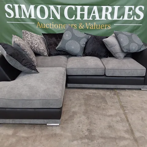 DESIGNER CHAISE SOFA WITH REVERSIBLE SCATTER CUSHIONS BLACK FAUX LEATHER & GREY FABRIC