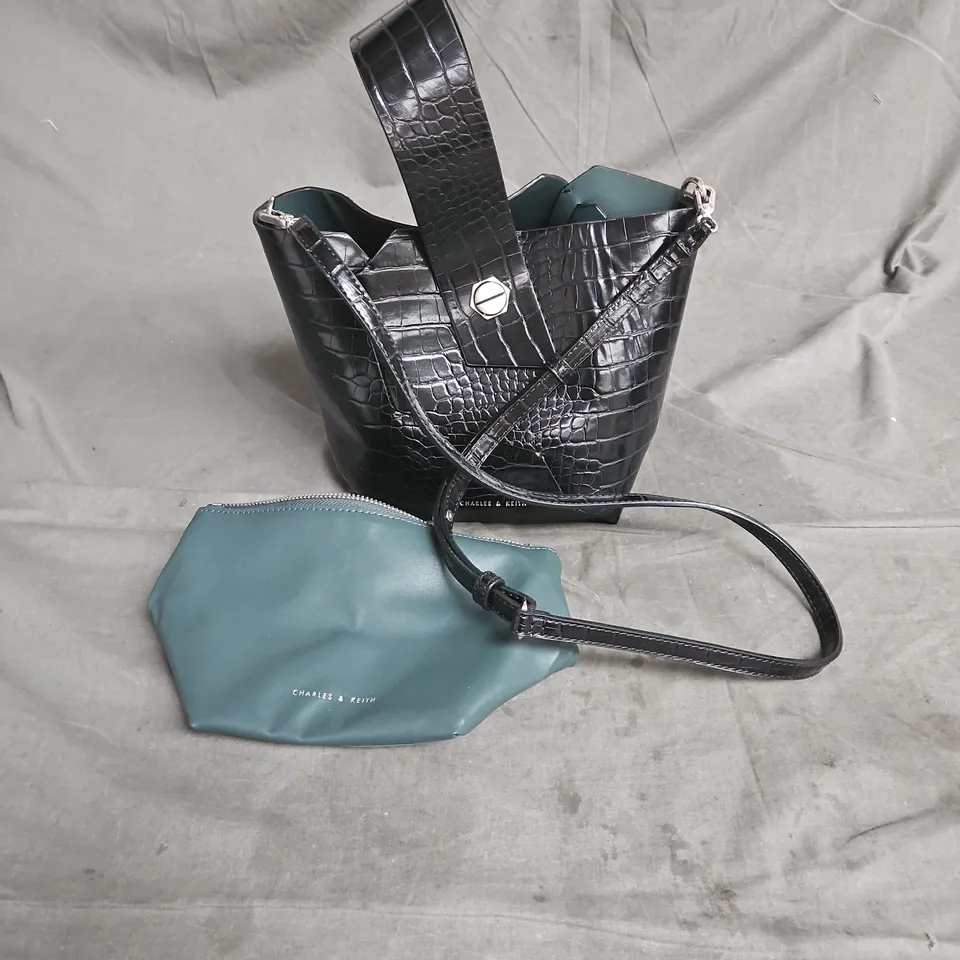 CHARLES & KEITH CROC-EFFECT WRISTLET HANDLE BUCKET BAG IN BLACK