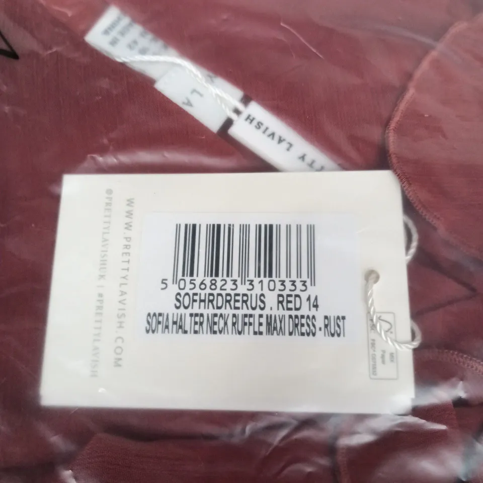 PRETTY LAVISH SOFIA HALTER NECK RUFFLE MAXI DRESS – RUST, UK SIZE 14