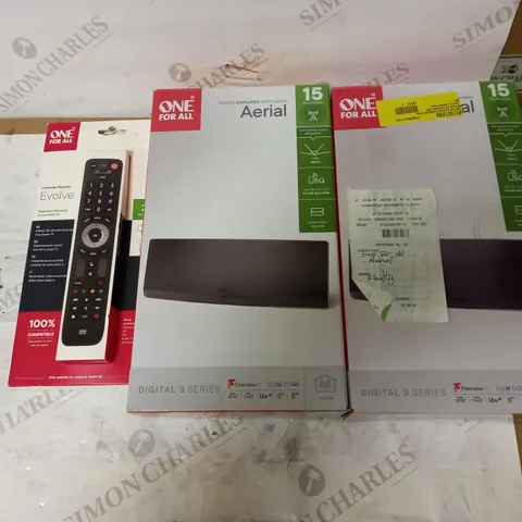 LOT OF 3 ONE-FOR-ALL PRODUCTS TO INCLUDE AERIALS AND TV REMOTE