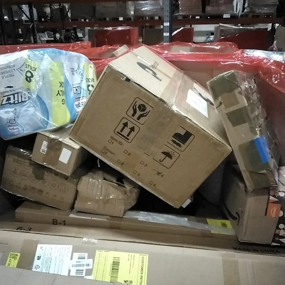 PALLET OF HOUSEHOLD ITEMS TO INCLUDE RETRACTABLE BABY GATE,POTS AND PANS SET,LED LIGHT, SHOWER MIXER SET AND OTHER ASSORTED ITEMS...