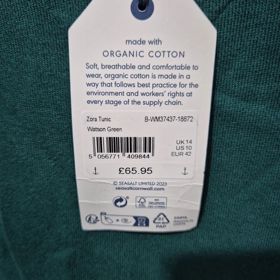 SEASALT CORNWALL ZORA TUNIC – WATSON GREEN – UK 14 (EU 42, US 10) – ORGANIC COTTON