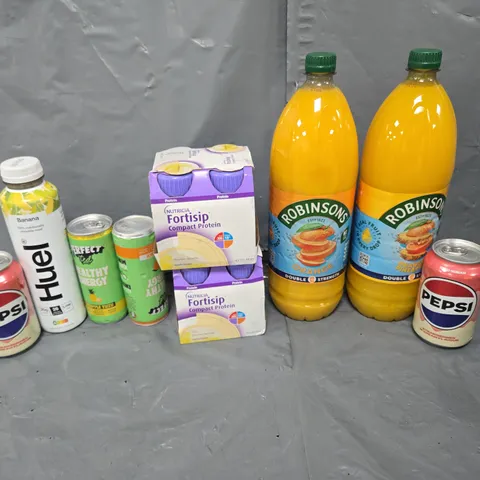 APPROXIMATELY 10 ASSORTED DRINK ITEMS TO INCLUDE - HUEL, ROBINSONS SQUASH, AND PEPSI STRAWBERRIES AND CREAM ETC.