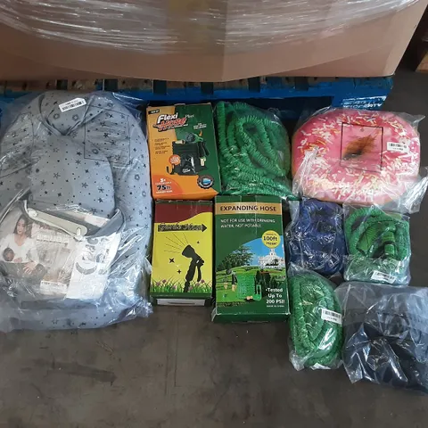 PALLET OF ASSORTED PRODUCES TO INCLUDE INFINITE GEL INFUSED WHEEL CHAIR SEAT CUSHION, MEMORY FOAM PILLOW, BCOZZY, INFINITE DONUT PILLOW, FLEXI HOSE, GARDE HOSE