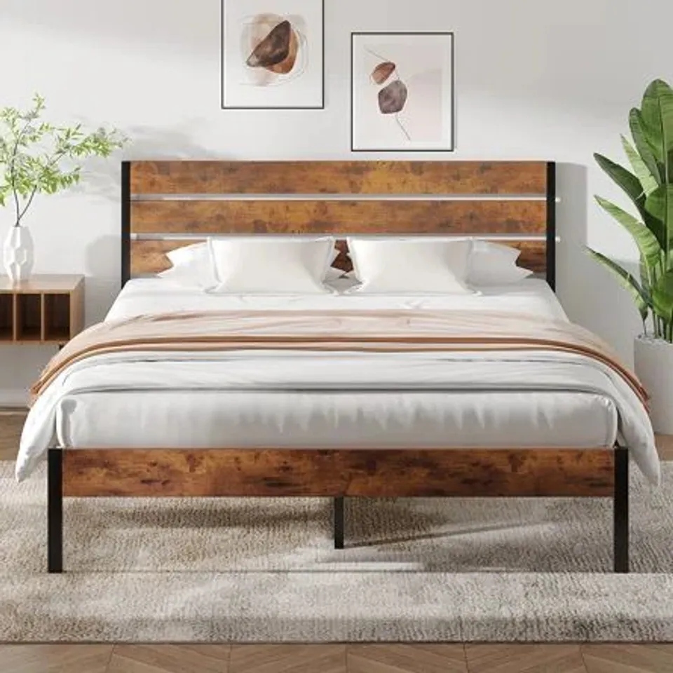 BOXED BED FRAME WITH WOODEN HEADBOARD & FOOTBOARD - RUSTIC BROWN