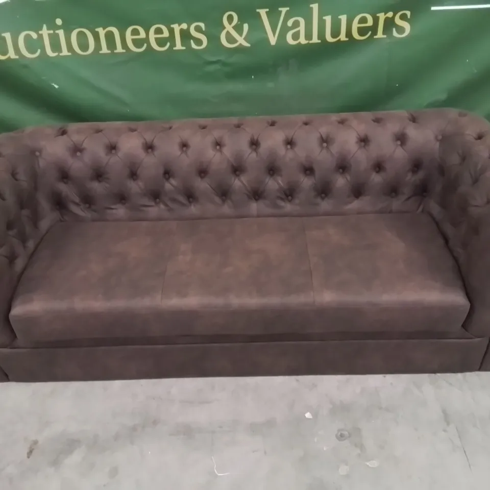 QUALITY DESIGNER CHESTER FABRIC UPHOLSTERED BUTTON BACK CHOCOLATE 3 SEATER SOFA