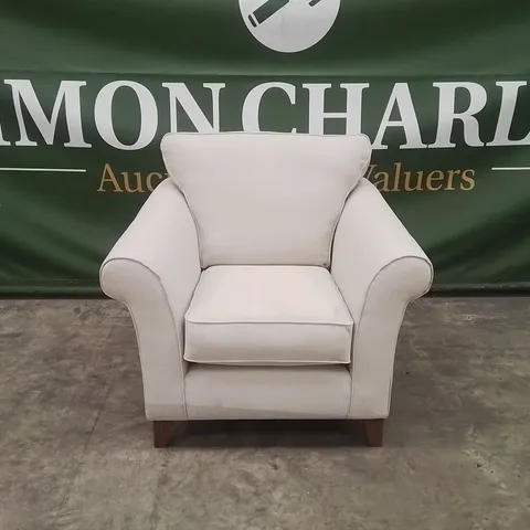 QUALITY DESIGNER EX SHOWROOM FABRIC UPHOLSTERED ARMCHAIR - NATURAL
