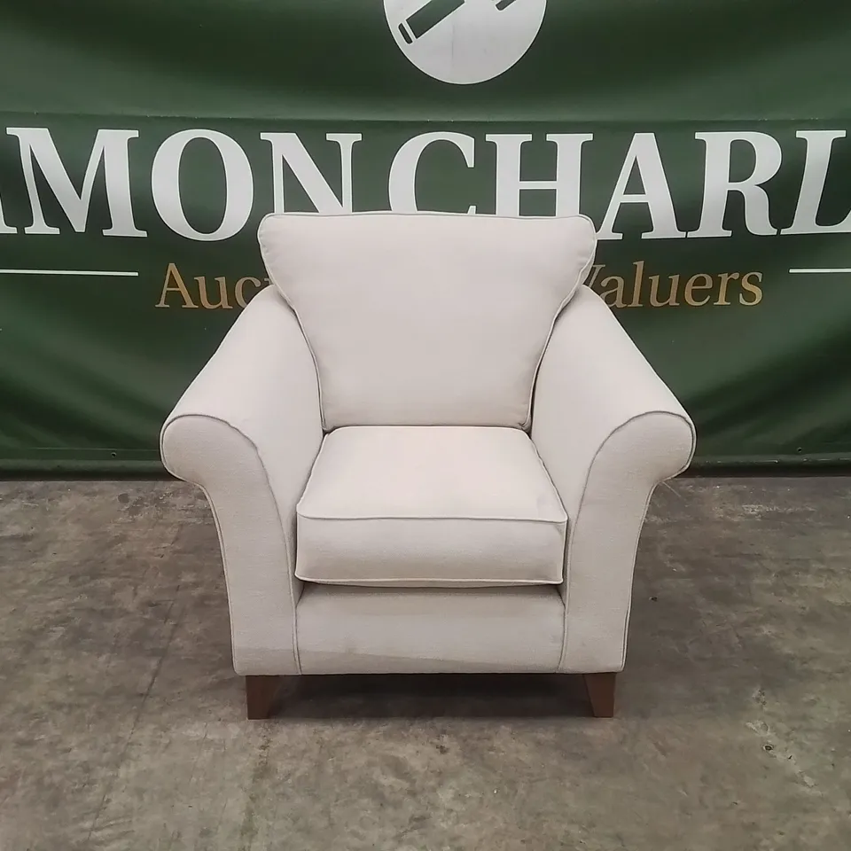 QUALITY DESIGNER EX SHOWROOM FABRIC UPHOLSTERED ARMCHAIR - NATURAL 