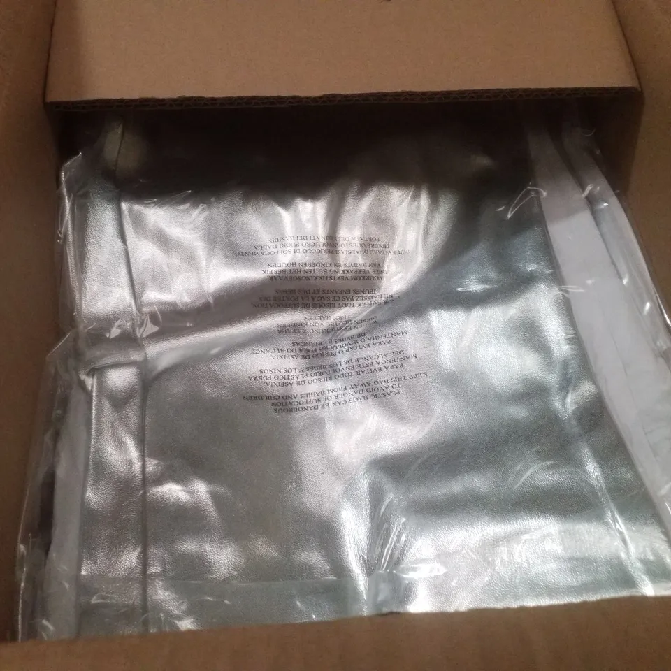 BOX CONTAINING APPROXIMATELY 17 BRAND NEW JD WILLIAMS SILVER PU STRAIGHT TROUSERS - SIZE 28