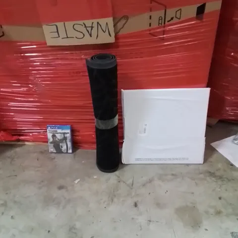 PALLET OF ASSORTED HOUSEHOLD GOODS AND PRODUCTS TO INCLUDE;AREA RUG,MAGNETIC DARTBOARD,PS4 TOMB RAIDER 