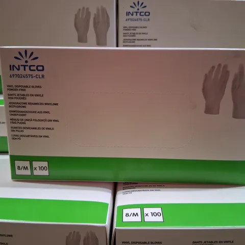 PALLET OF APPROXIMATELY 56 CARTONS OF TEN BOXES OF BRAND NEW INTCO VINYL DISPOSABLE GLOVES POWDER FREE 8/M 100 PAIRS PER BOX