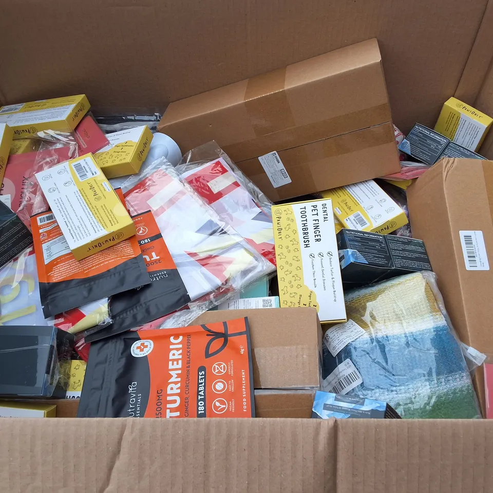 PALLET CONTAINING 6 LARGE BOXES OF ASSORTED HOUSEHOLD ITEMS TO INCLUDE RODENT REPELLENT,TABLETS COVERS,SALAD MIXER AND TUMERIC
